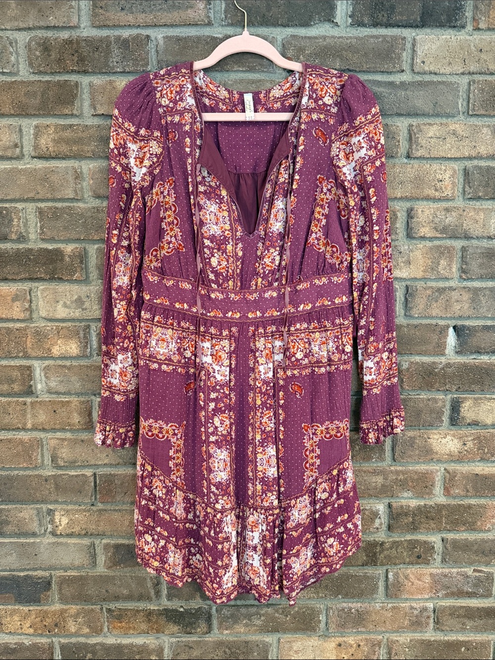 Free People Boho Floral Long-Sleeve Dress in Plum and Orange